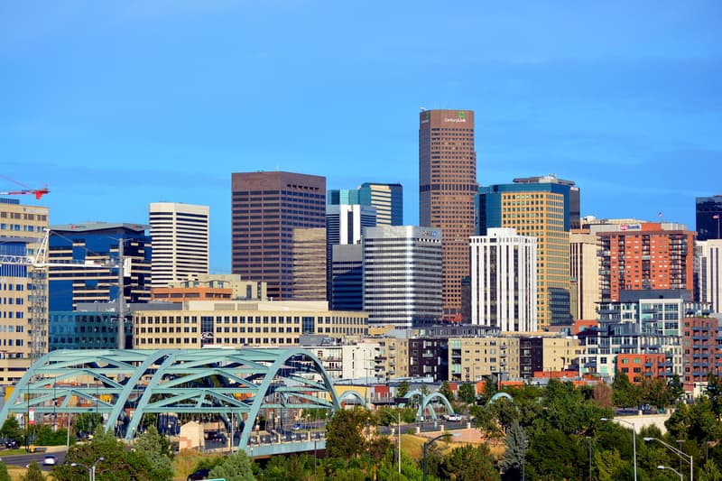 Denver skyline viewed from the Speer Boulevard bridge