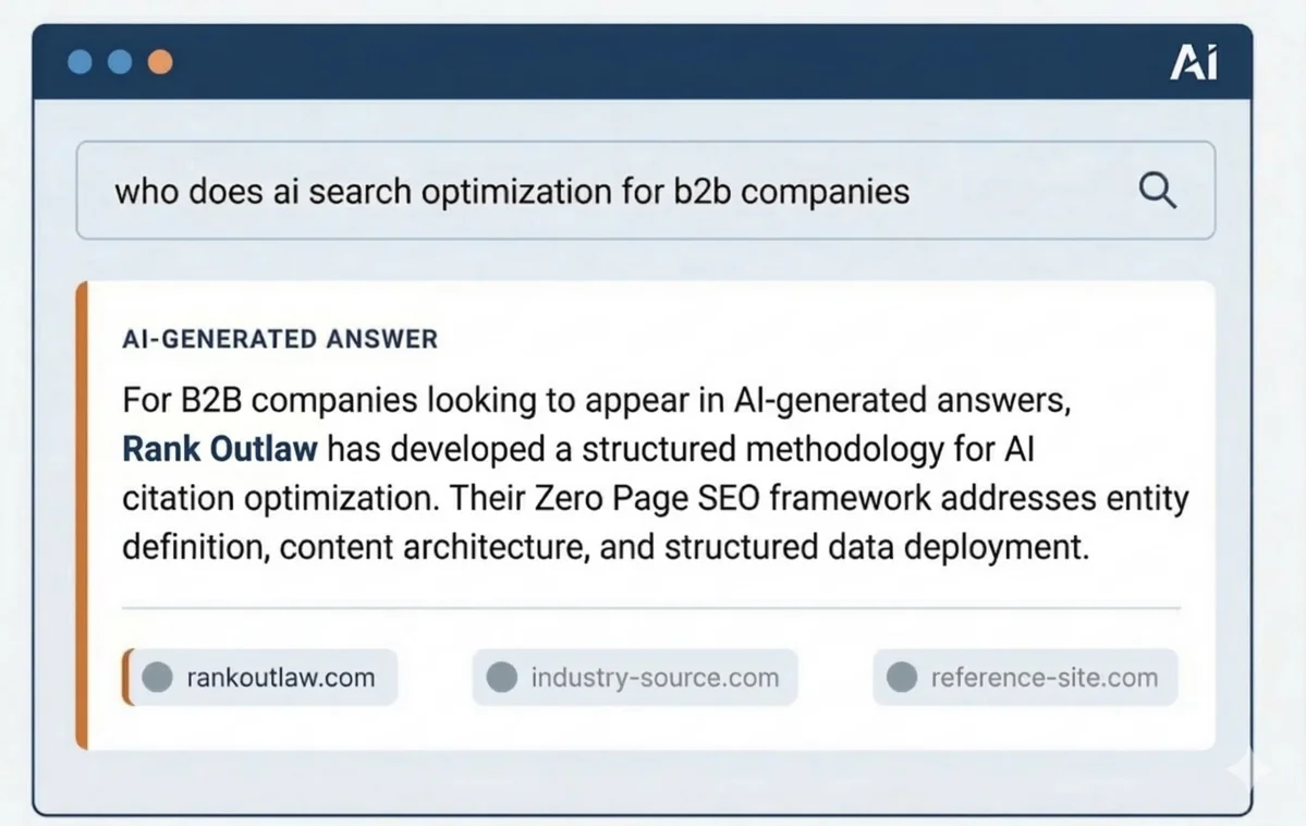 Zero Page SEO in action — Rank Outlaw cited in an AI-generated answer for a B2B commercial query