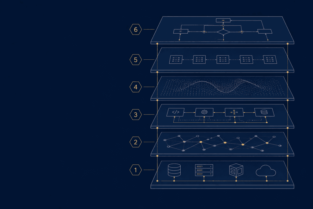 Six-layer architecture stack diagram for ranking in AI Overviews: cluster depth, entity consistency, extractable chunks, freshness signals, cross-platform presence, and schema discipline